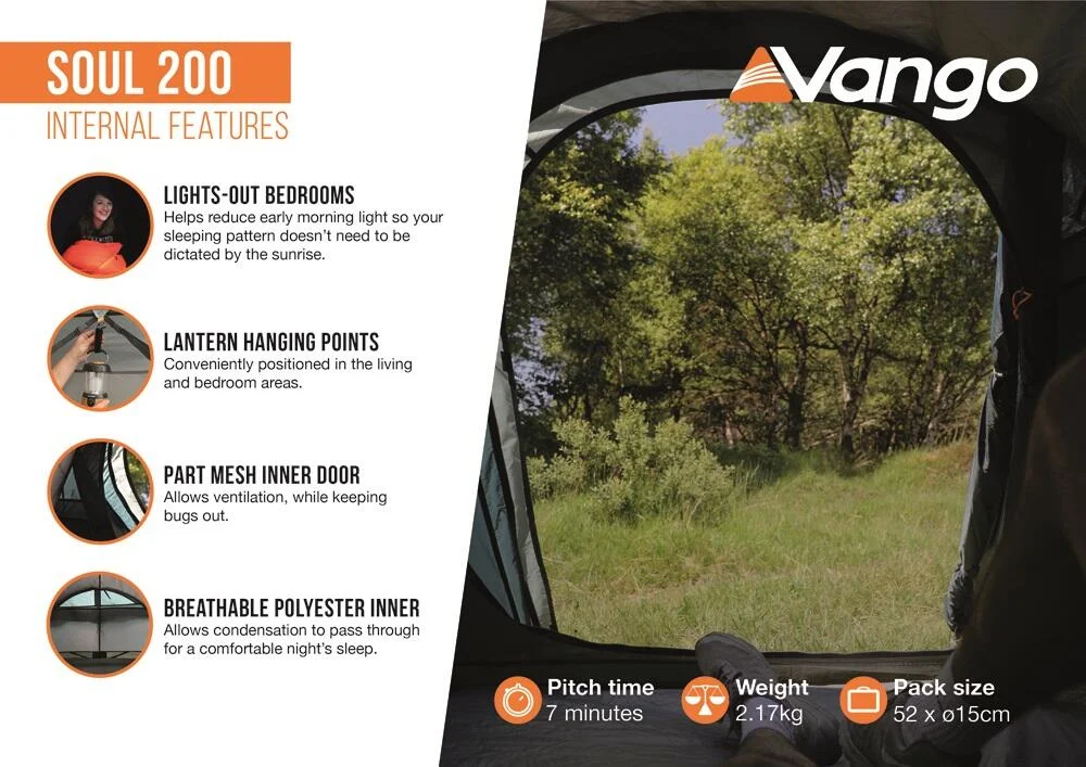 Vango Soul 200 Σκηνή Camping Τούνελ Μπλε με Διπλό Πανί για 2 Άτομα 270x130x95εκ. Peridot Green - Image 5